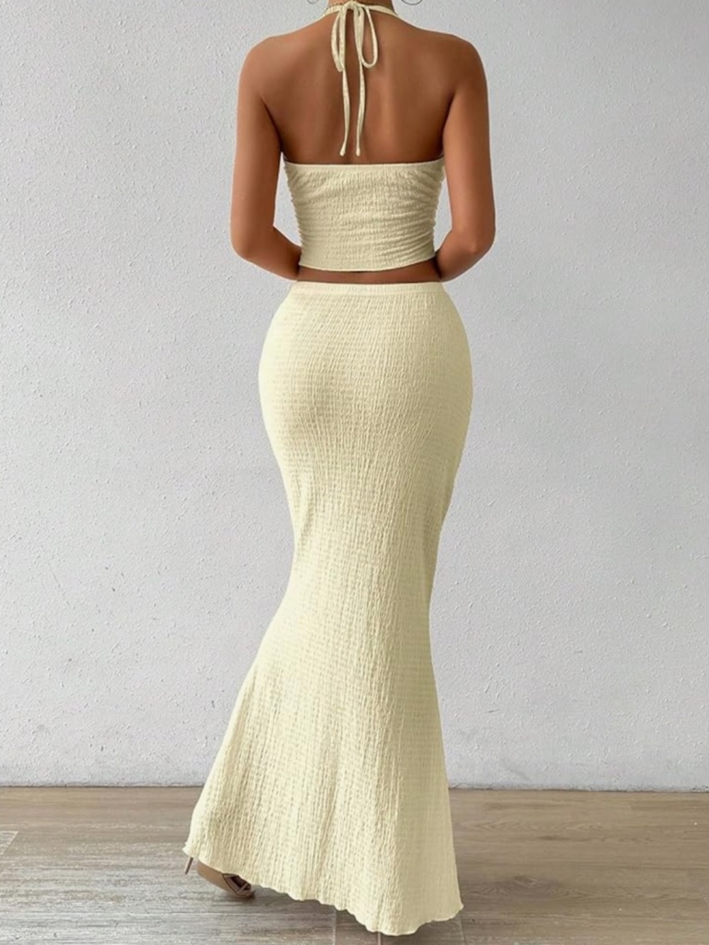 Smocked Halter Maxi Skirt in Pale Apricot - Women's Elegant Fishtail Silhouette